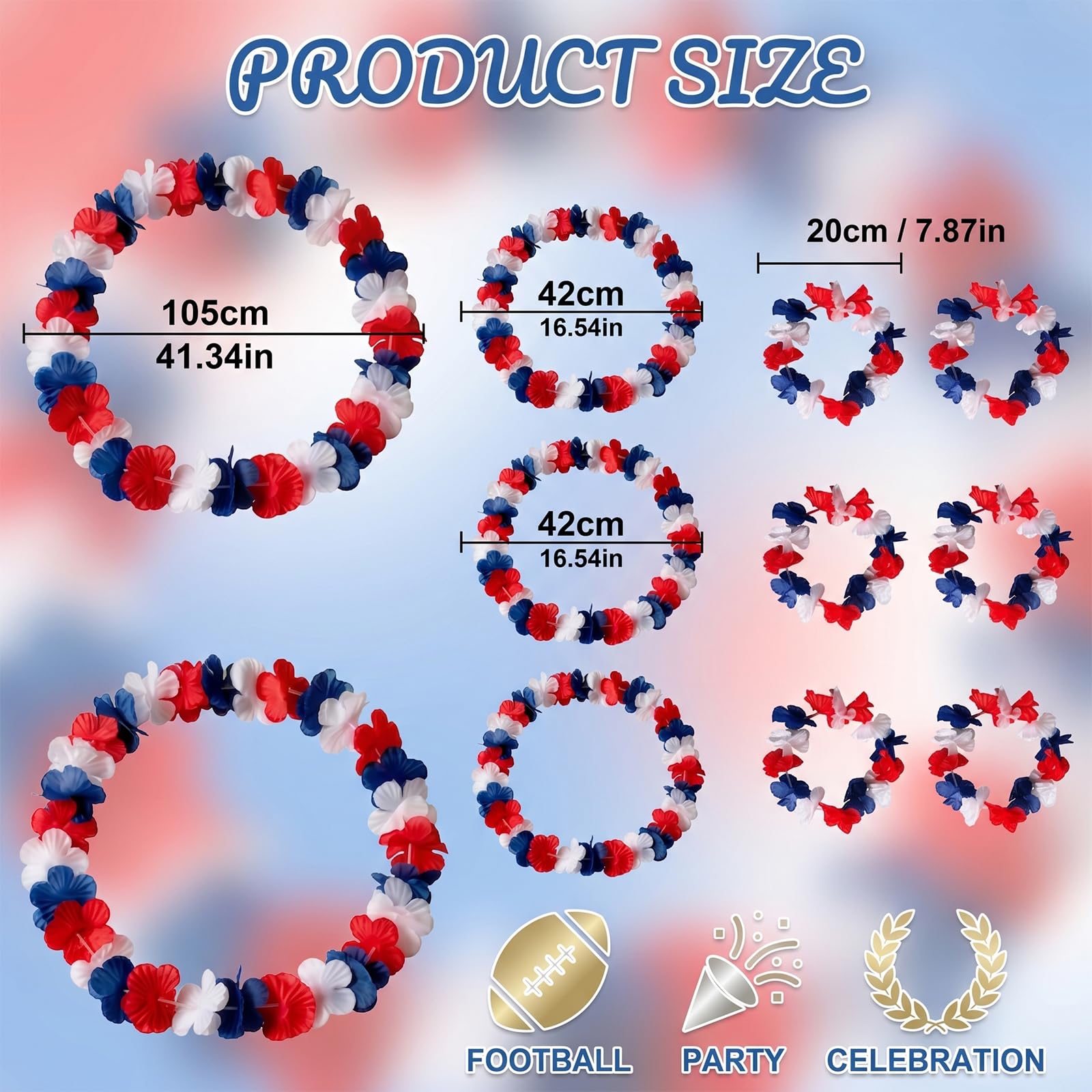 Lot de 12 Colliers Hawaiens Fleurs Bleu Blanc Rouge, 3 ensembles de 4 pièces (collier, bandeau, bracelets) pour supporters, accessoire de fête pour matchs de football et soirées à thème France