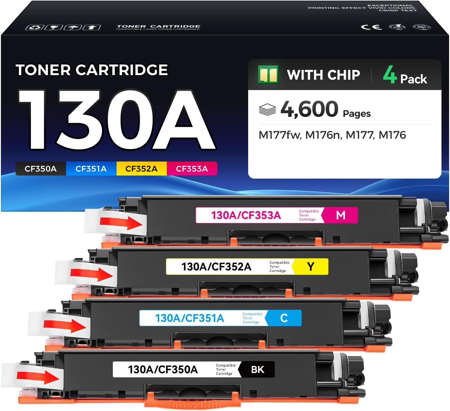 130A Toner Cartridge Set 4-Pack (Black Cyan Yellow Magenta) High Yield Replacement for HP 130A CF350A CF351A CF352A CF353A Compatible with HP Color LaserJet Pro MFP M176n M177fw Printer Ink M176 M177