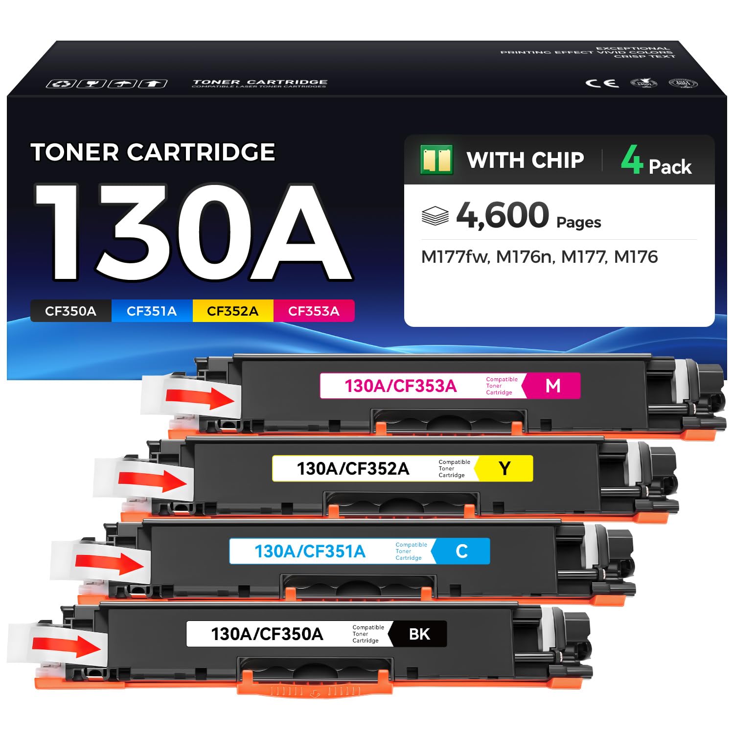 130A Toner Cartridge Set 4-Pack (Black Cyan Yellow Magenta) High Yield Replacement for HP 130A CF350A CF351A CF352A CF353A Compatible with HP Color LaserJet Pro MFP M176n M177fw Printer Ink M176 M177