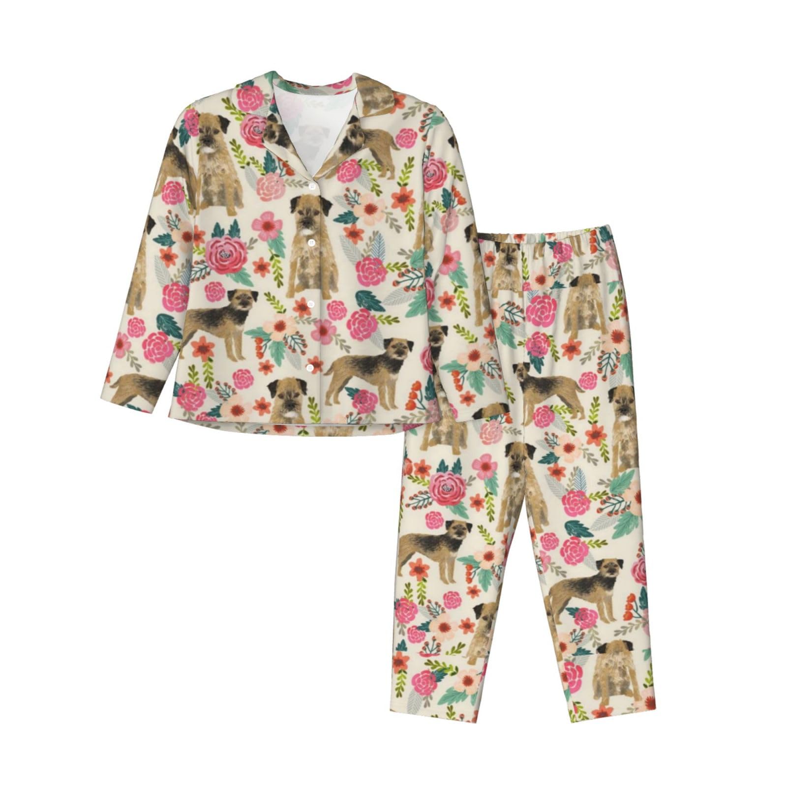 FUkker Women's Pyjamas Set Nightgown Sleepwear Pajamas Loungewear Sets,Border Terrier Florals Cream,As Shown,L