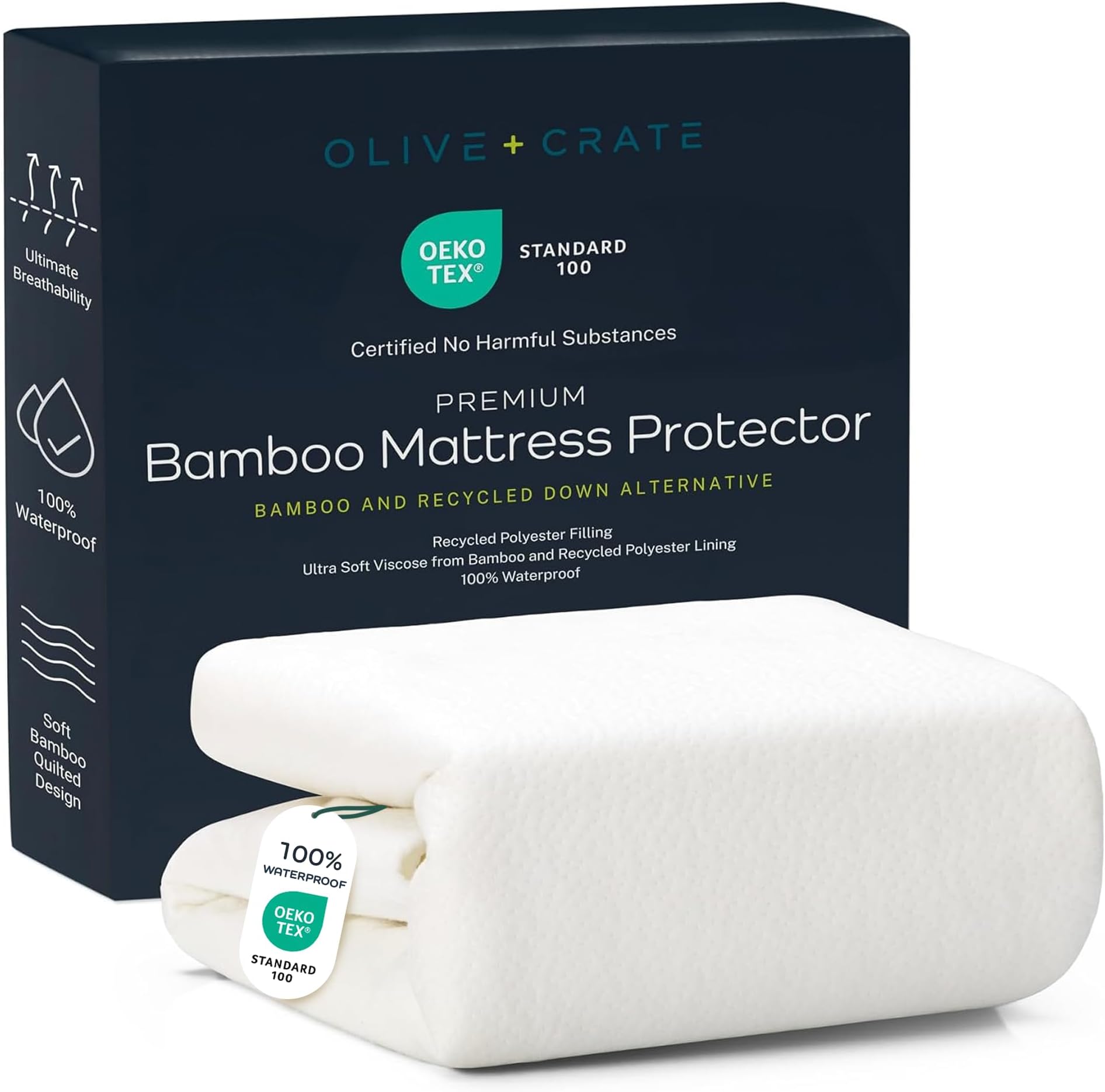 Olive + Crate 100% Viscose Bamboo Mattress Protector - Eco-Conscious Cooling Mattress Cover - Waterproof Hypoallergenic Protection - Breathable Queen Size Shield Against Dust & Spills