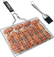 penobon Fish Grilling Basket - Folding Stainless Steel BBQ Grill Basket for Fish, Veggies, Shrimp | Removable Handle, Basting Brush & Storage Bag