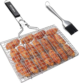 penobon Fish Grilling Basket - Folding Stainless Steel BBQ Grill Basket for Fish, Veggies, Shrimp | Removable Handle, Basting Brush & Storage Bag