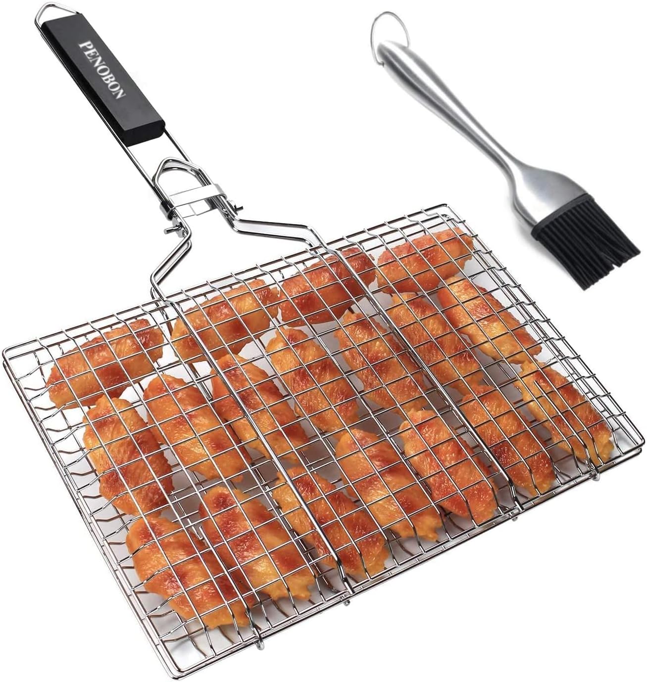penobon Fish Grilling Basket, Folding Portable Stainless Steel BBQ Grill Basket for Fish Vegetables Shrimp with Removable Handle, Come with Basting Brush and Storage Bag (01)