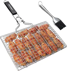 Cesta de churrasco de peixe, cesta dobrável portátil de aço inoxidável para peixes, legumes, camarão, com alça removível, vem com escova de cozinha e bolsa de armazenamento