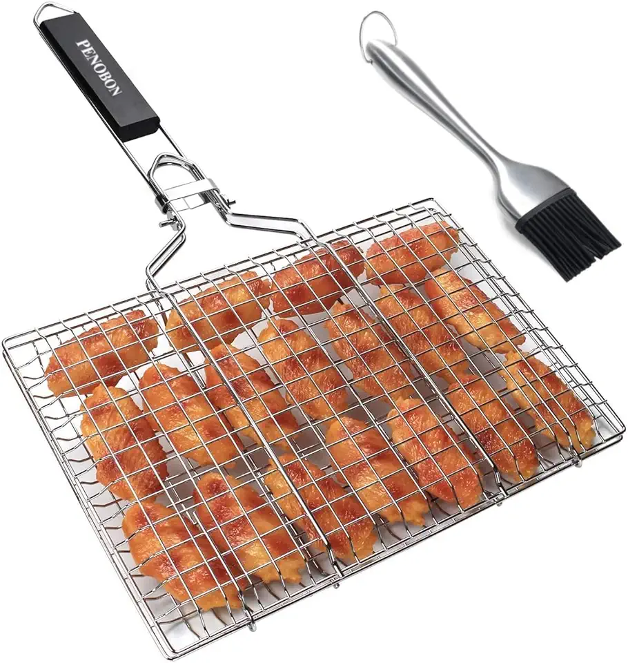 Cesta de churrasco de peixe, cesta dobrável portátil de aço inoxidável para peixes, legumes, camarão, com alça removível, vem com escova de cozinha e bolsa de armazenamento