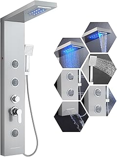 LED Shower Panel Tower System, 6-in-1 Shower Tower with Rainfall Waterfall Shower Head, 2 Modes Powerful Body Jets, Handheld Shower and Tub Spout, Stainless Steel Shower Column, Brushed Finish