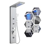 KINKIB LED Shower Panel Tower System, 6-in-1 Shower Tower with Rainfall Waterfall Shower Head, 2 Modes Powerful Body Jets, Handheld Shower and Tub Spout, Stainless Steel Shower Column, Brushed Finish
