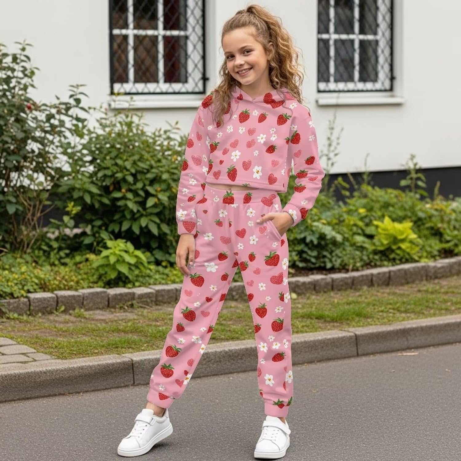 Xoenoiee Girls Crop Top Hoodie Long Sleeve Sweatshirts and Sweatpants Set Kids Casual Sweatsuits Tracksuit for 4-13