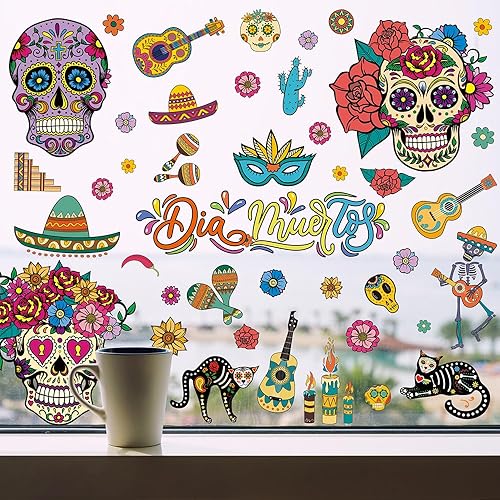 Vista 2 de Calcomanías para ventana del Día de los Muertos, Calaveras de Azúcar para ventana, calcomanías de Halloween para ventana, calcomanías de vidrio