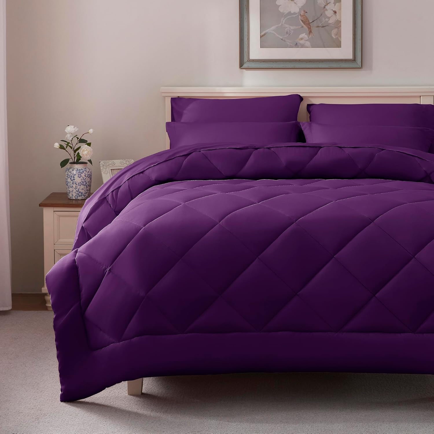 ELNIDO QUEEN® Purple Comforter Set Queen - 7 Pieces Bed in a Bag Queen Size, Bed Set for All Seasons, Ultra Soft Bedding Sets with Comforter, Flat Sheet, Fitted Sheet, Pillowcases and Pillow Shams