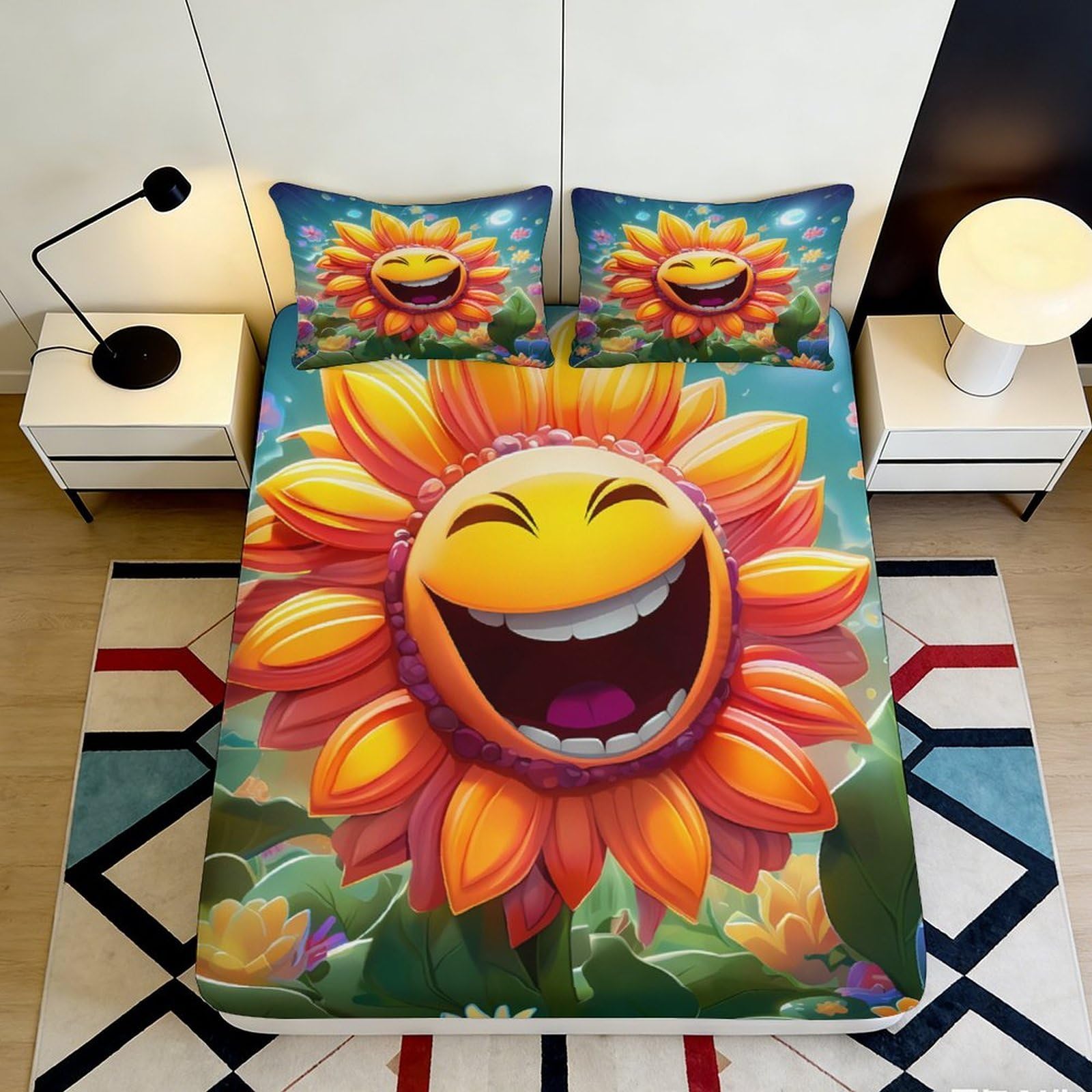 3D Printed Smiling Sunflower Fitted Sheet Microfiber Colourful Cartoon Bed Sheet for Bedroom Guest Room Decor 90x200x25cm