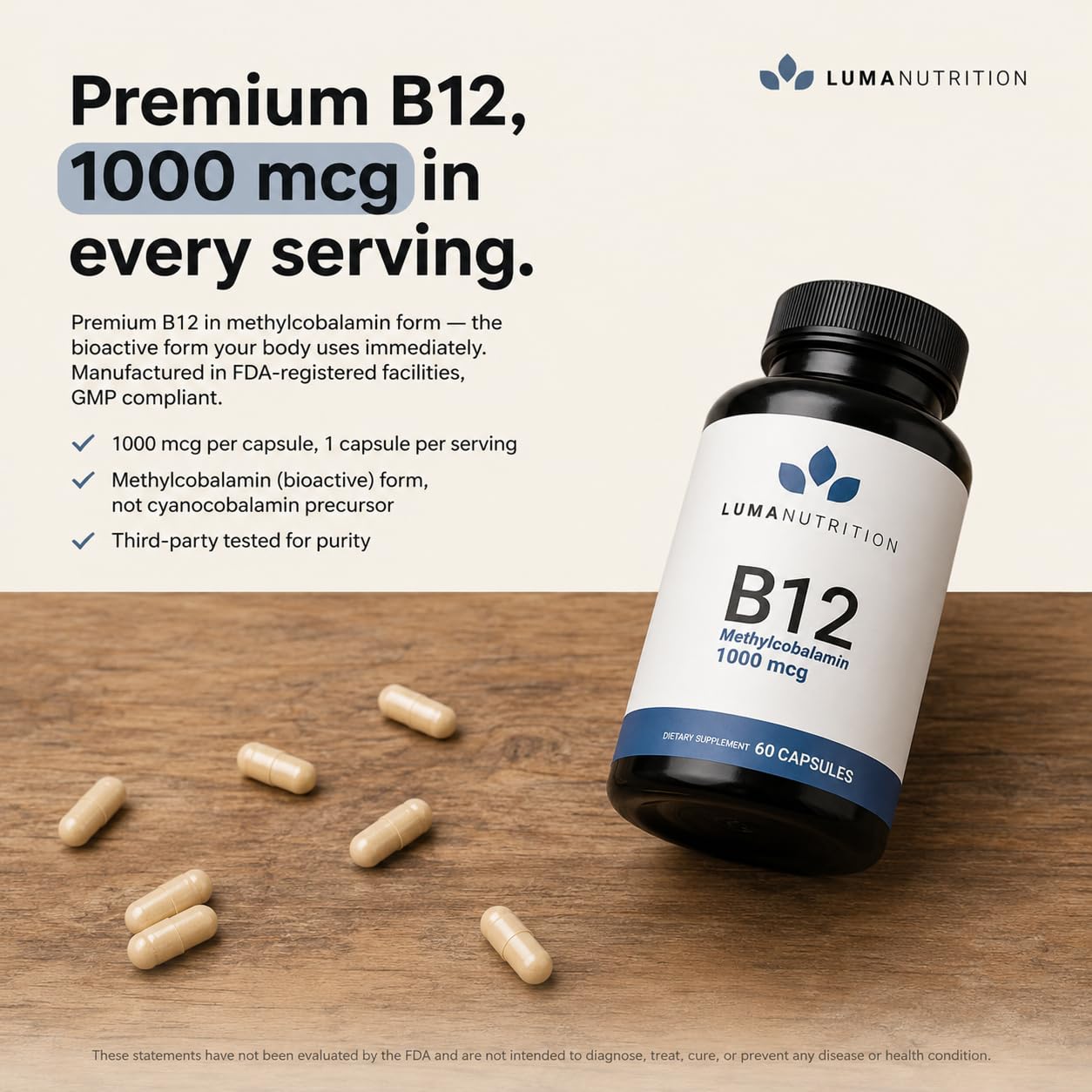Luma Nutrition Vitamin B12 Methylcobalamin 1000 mcg - 60 Capsules — Amazon image 3