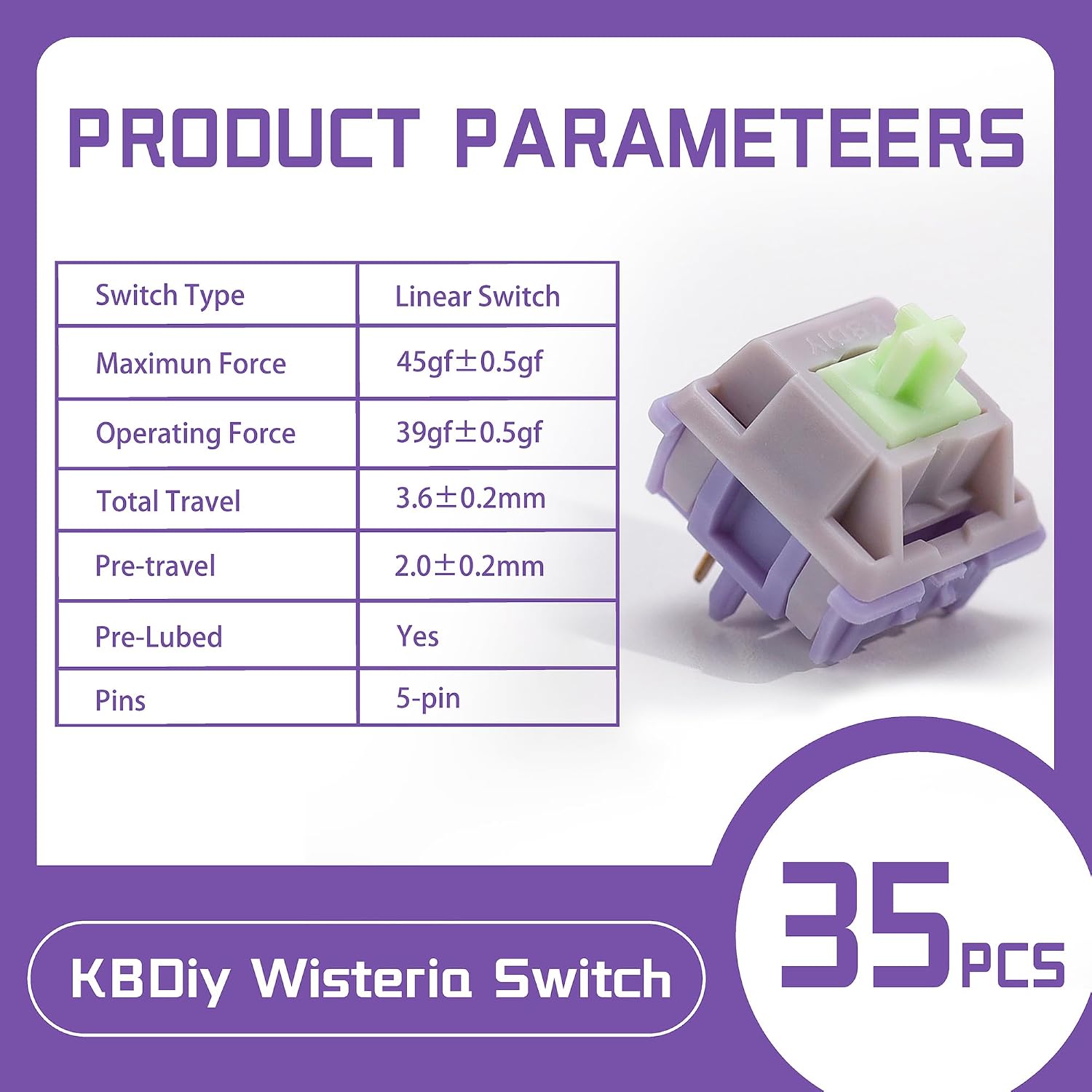 KBDiy 35pcs Wisteria Keyboard Switch for Mechanical Gaming Keyboard, 5-Pin 39gf Linear Switches