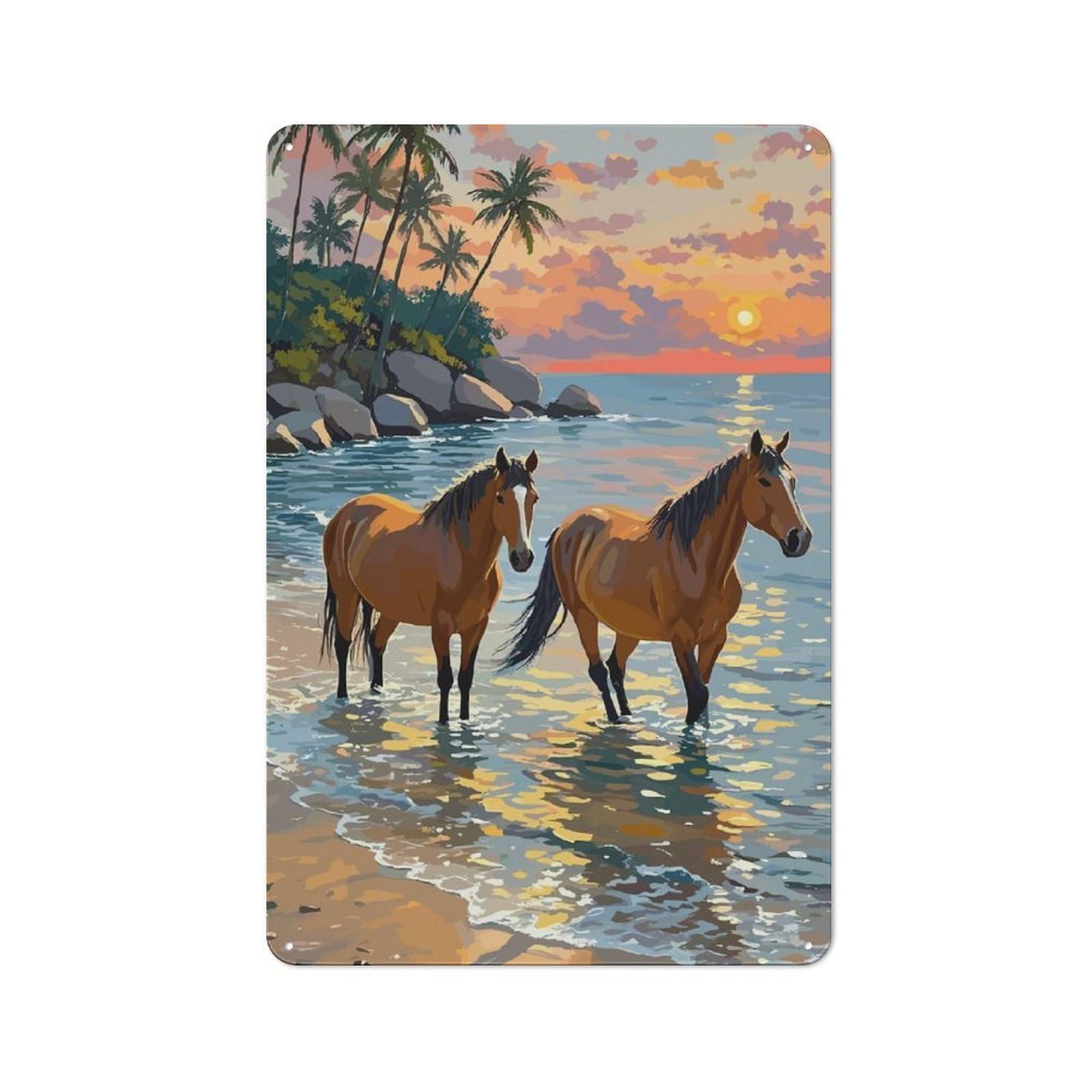 Junmoney Horses In The Ocean At Sunset Tin Sign With Design 30X20cm, Outdoor Room Porch Wall Decor For Greenhouse, Garden Room, Cafe Or Entryway