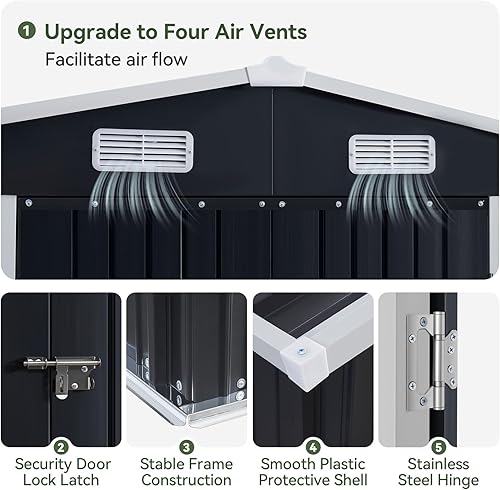 Vista 63 de Aoxun Cobertizo de almacenamiento al aire libre de 80 pies cúbicos impermeable para jardín, cobertizo de herramientas de metal, color marrón