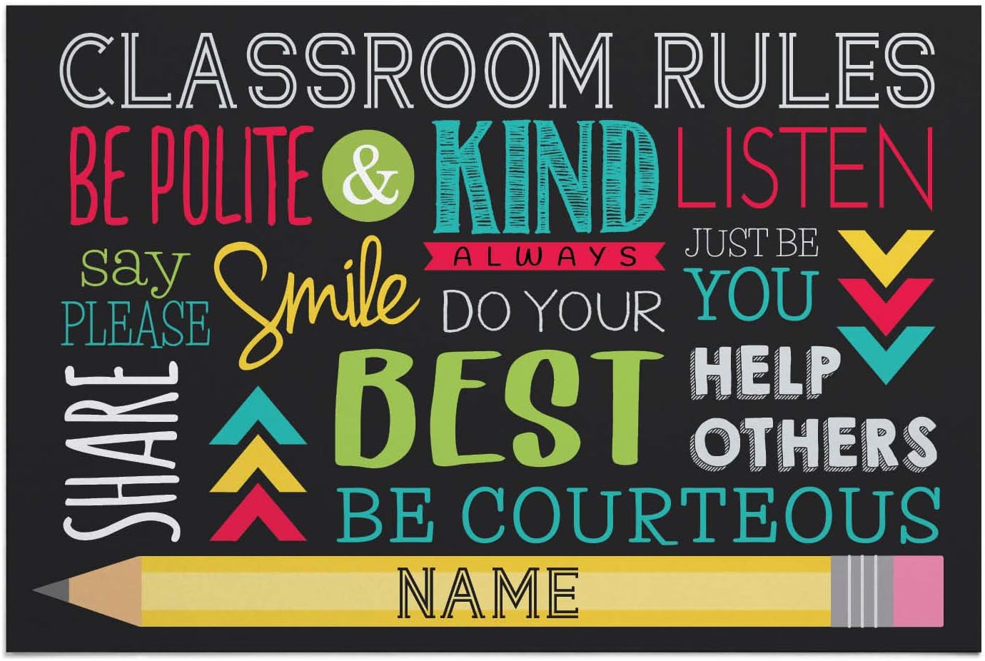 Classroom Rules Personalized Doormat - Black Custom Entry Door Mat with Name Printing on Durable 1/8" Thick Low Profile Welcome Mat, Indoor Outdoor, Non Slip Rubber Backing, Rectangular, 18x27