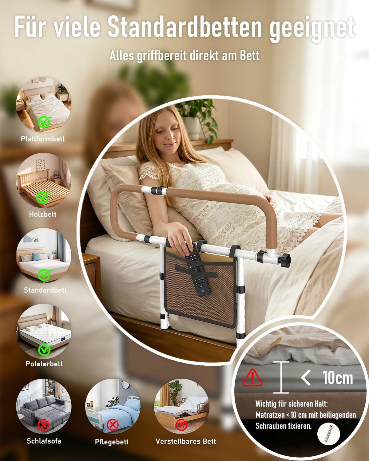 Aufstehhilfe Bett, Bettgitter für Senioren, klappbar, leicht montierbar | Stabiles Stahlgestell, Doppelfixierung mit Gurt und Schrauben, höhen- und breitenverstellbar, Tasche, bis 136 kg belastbar