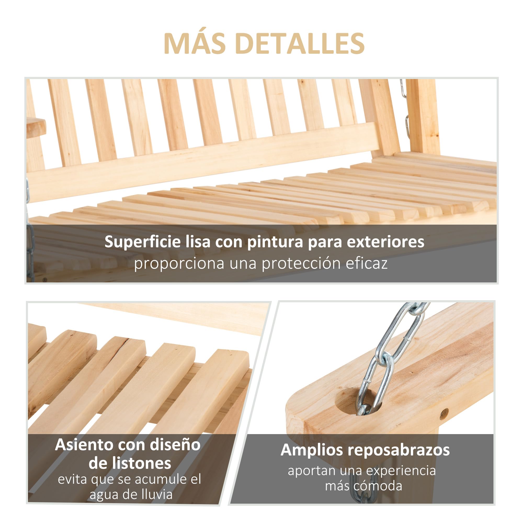 Outsunny Banco Columpio de Madera de 2 Plazas Banco Balancín Colgante con Reposabrazos Cadenas Ajustables y Diseño Listones Carga 200 kg para Jardín Terraza Balcón 117x69x60 cm Natural
