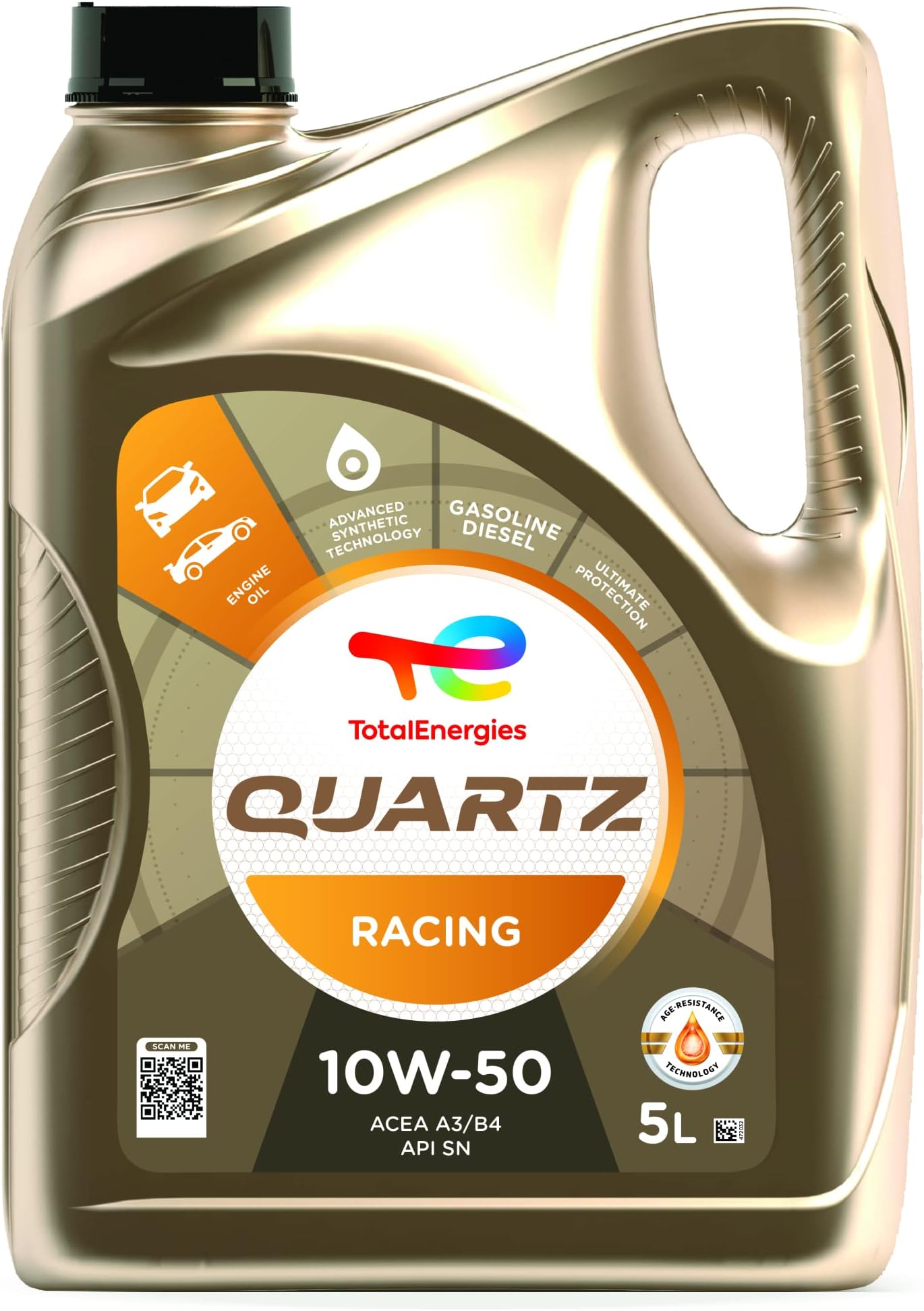 TotalEnergies Quartz Racing 10W50 Engine Oil ACEA A3/B4, API CF/SN Age-Resistance Technology Fuel Economy Formula Advanced Synthetic Engine oil 5L