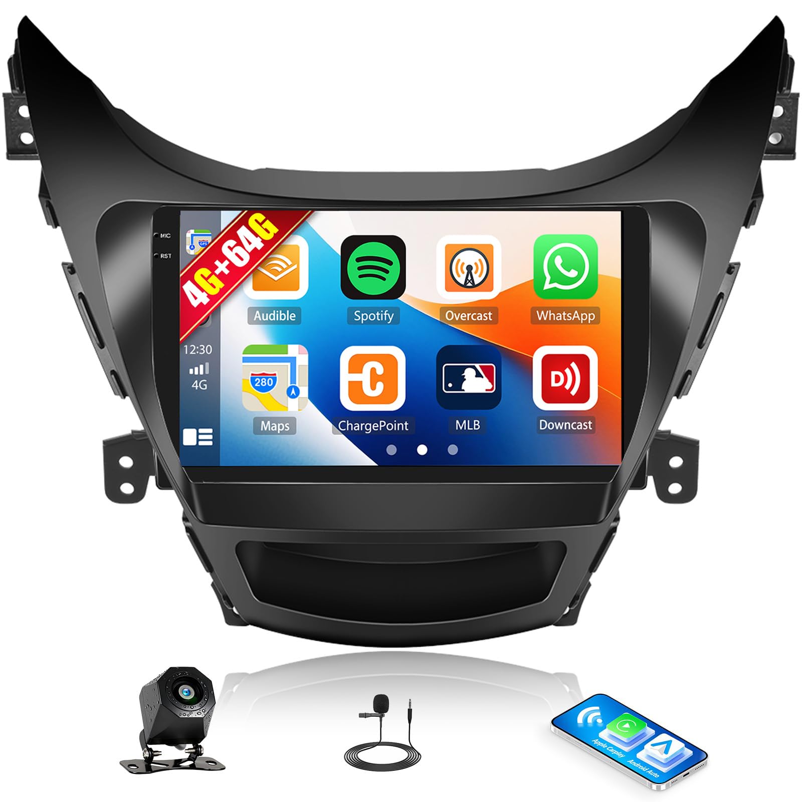 4G+64G Android Car Radio Stereo for Hyundai Elantra 2011 2012 2013 with Wireless CarPlay Android Auto, 9 inch HD Touch Screen,Bluetooth GPS Navigation Head Unit FM/RDS,EQ SWC AHD Backup Camera