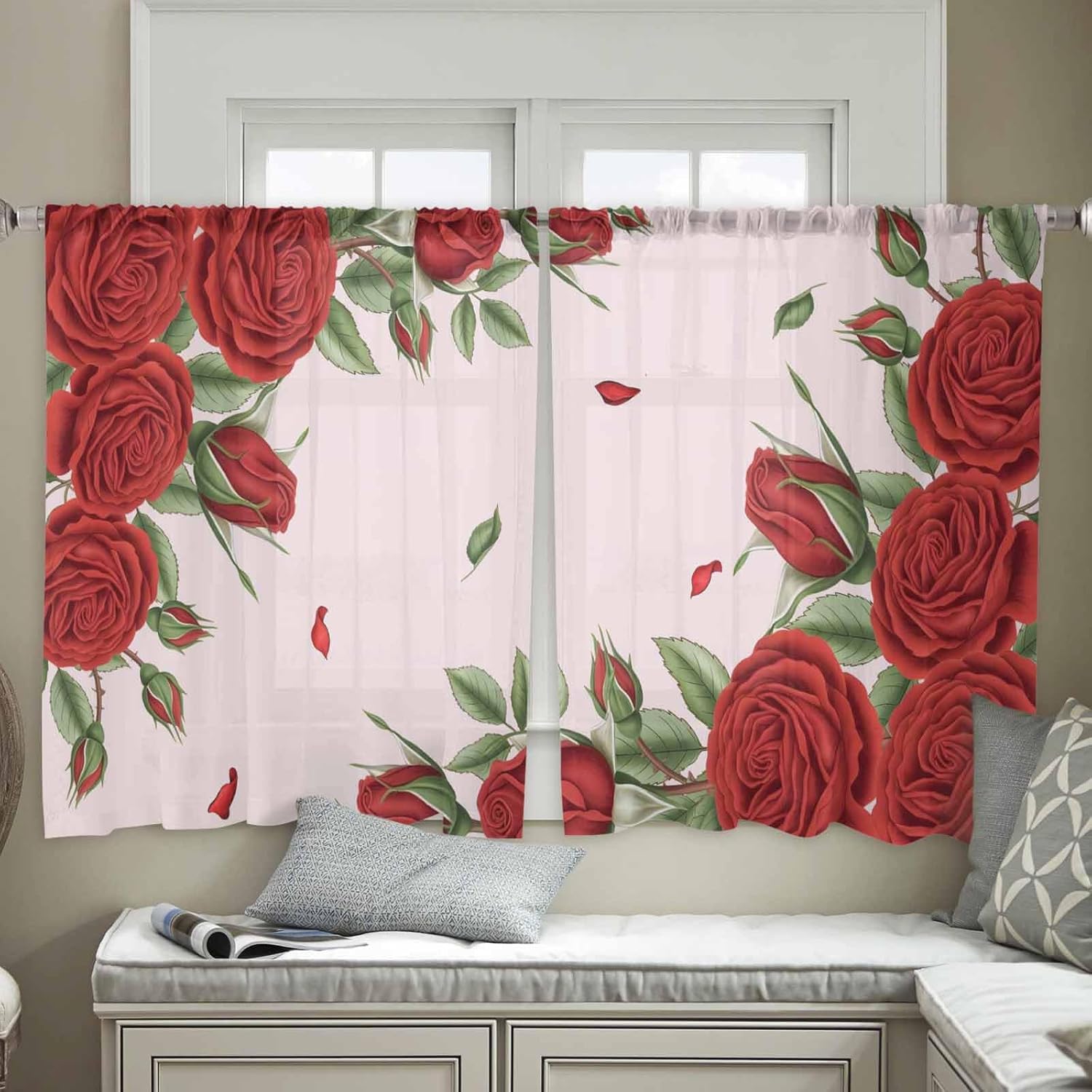 Valentine's Day Sheer Curtains 54 Inches Long Valentine's Day Red Rose Romantic Pink Curtains Rod Pocket Semi Sheer Panels Polyester Living Room Curtains Window Treatment, 2 Panels, 52x54 Inch