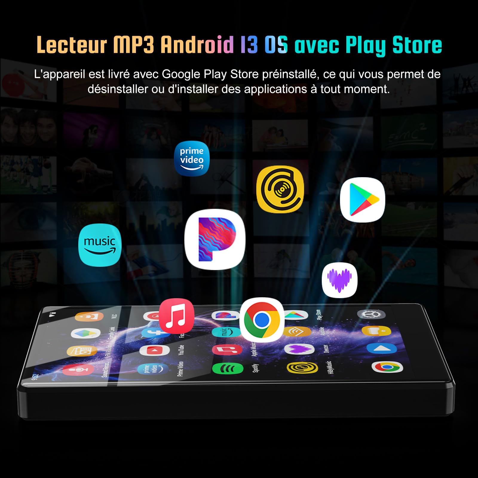 Lecteur MP3 32 Go avec Bluetooth et WiFi, Lecteur MP3 5" avec système d'exploitation Android 13, Lecteur MP4 HD 1080P, Lecteur de Musique préchargé avec Spotify, Audible et Play Store