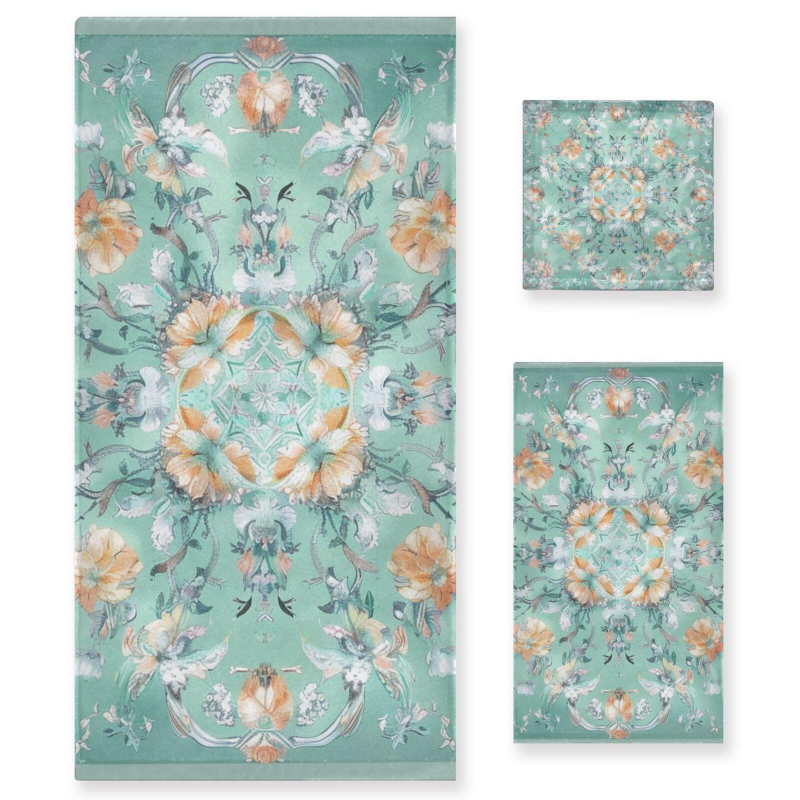Set di 3 asciugamani morbidi in stile bohémien con fiori e fiori verdi, 1 asciugamano da bagno, 1 asciugamano per mani, 1 panno per la casa, cucina e famiglia