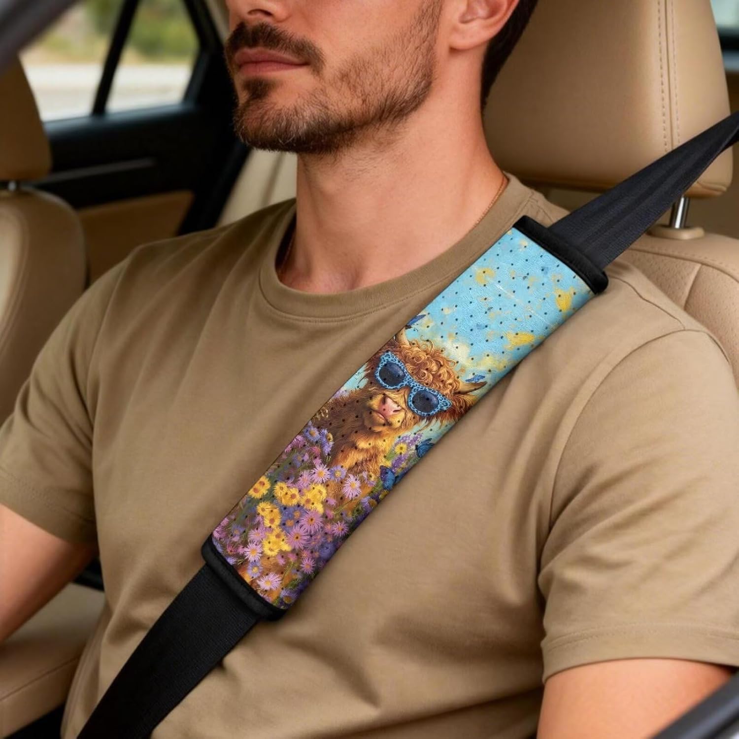 Car Seat Covers for Front Seats 5Pcs Car Accessories with Seat Belt Covers & Center Console Cover Universal Fit for SUVs,Vans,Trucks,Sedans, Butterfly Highland Cattle Vibrant Daisy