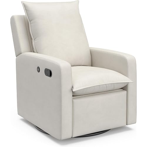 Storkcraft Timeless Reclining Glider (Ivory) -USB Charging Port, 360-Degree Metal Swivel Base, Manual Extending Foot Rest, Supportive Cushions, Durable Fabric