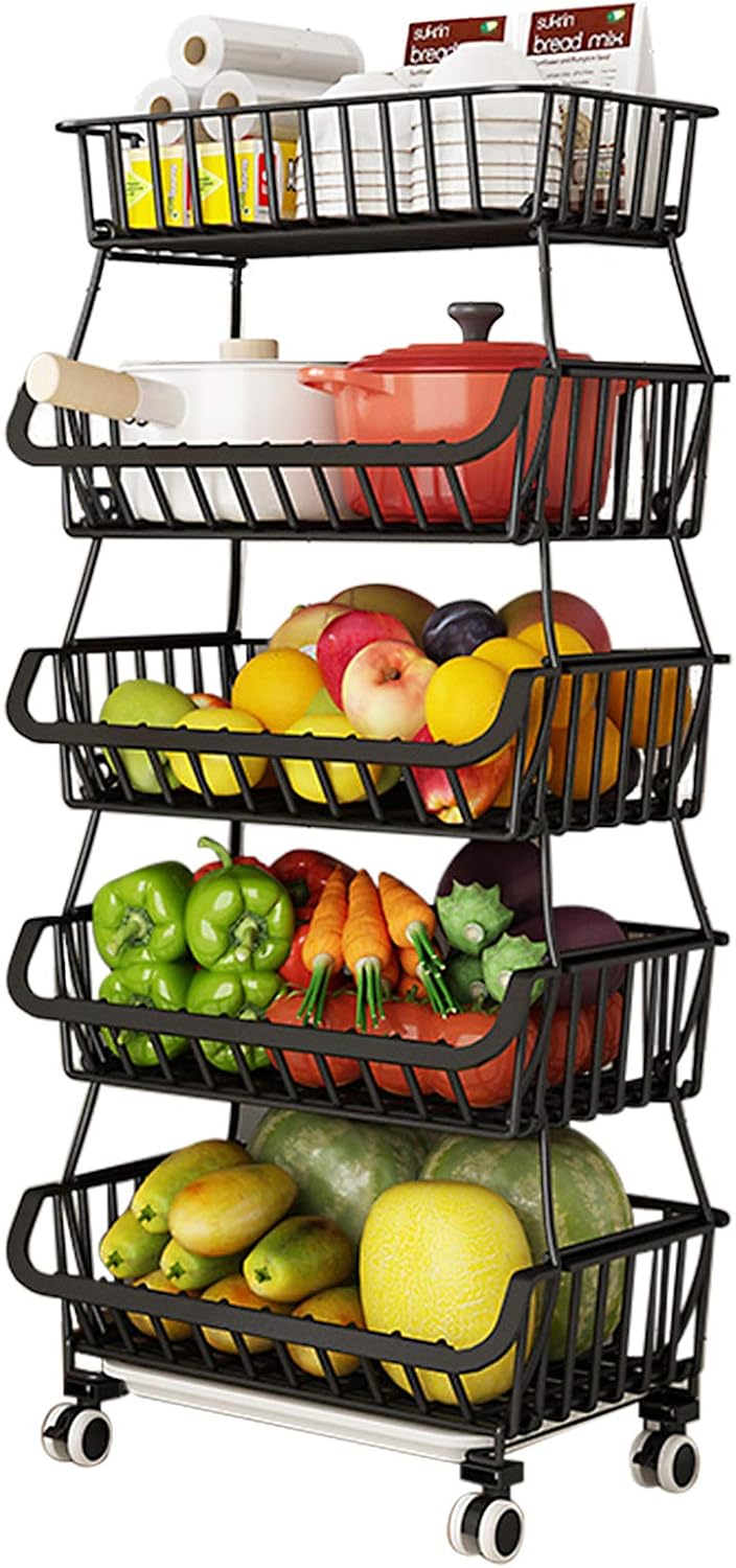 BRIAN & DANY 5 Tier Metal Wire Baskets, Vegetable Storage Holder with Wheel & 5 S-Hooks, Storage Rack Trolley for Kitchen, Pantry, Bathroom, Black