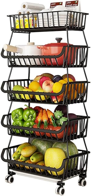 BRIAN & DANY 5 Tier Vegetable Storage Rack, Stackable Fruit Vegetable Stand with Lockable Casters and 5 S-Hooks for Kitchen, Pantry, Bathroom, Garage