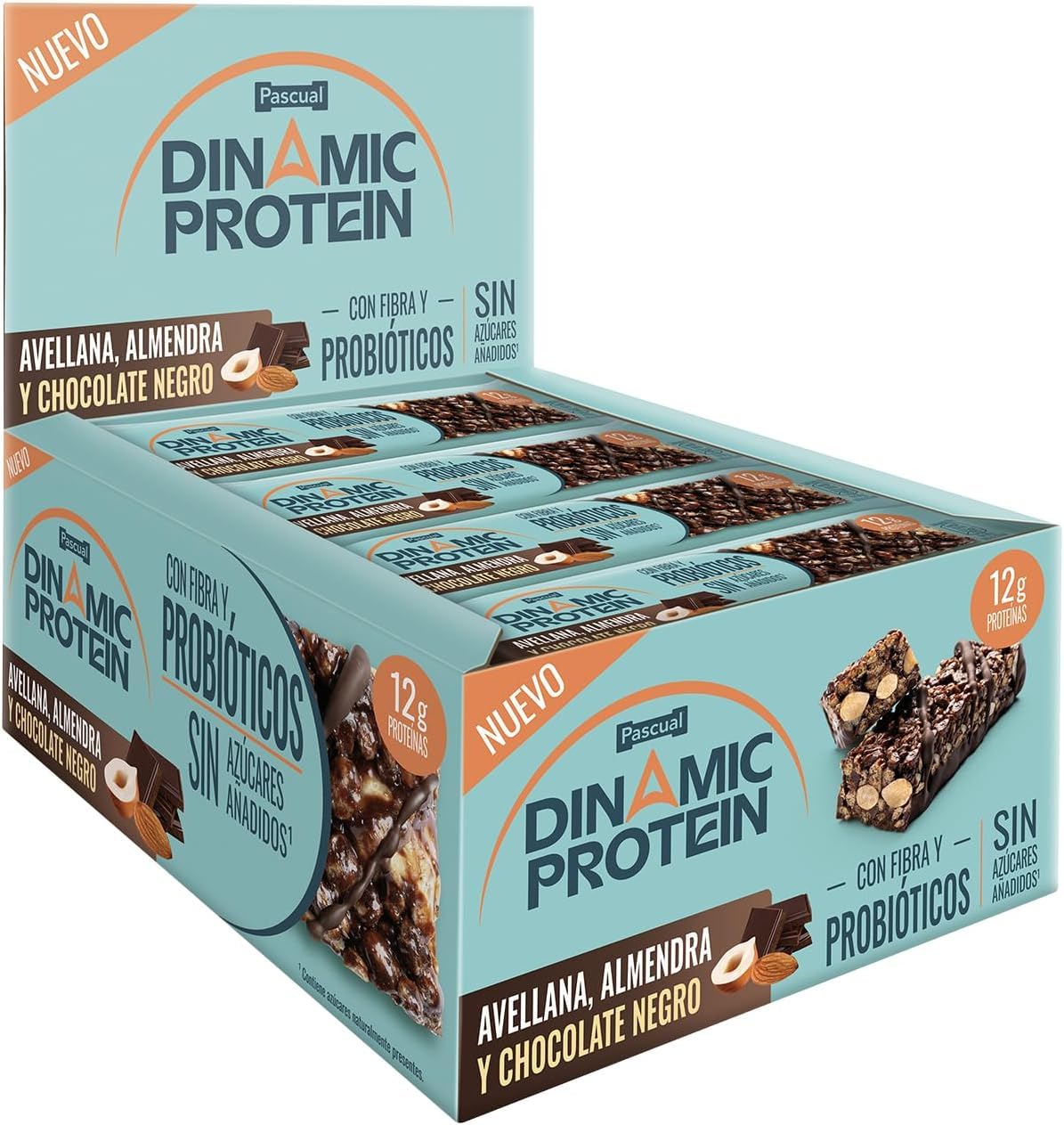 Dinamic Protein- Barritas de Proteína- Chocolate Negro y Frutos Secos- 12g de Proteína por Barrita- Con Probióticos y Fibra- Caja de 12 Unidades- Sin Gluten