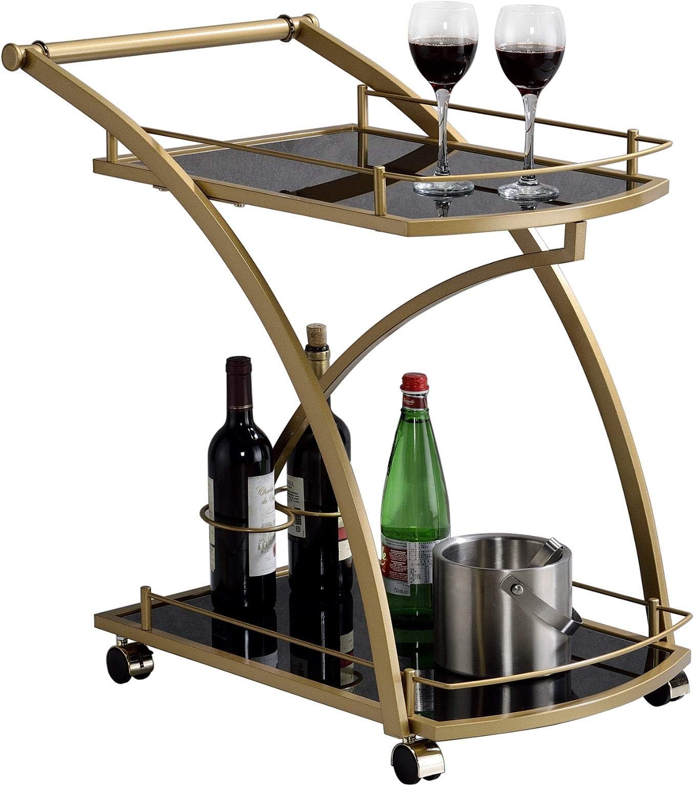Chariot De Service EVO - 2 Plateaux Verre Trempé Noir - Avec Roulettes Et Freins - 73x66x46cm