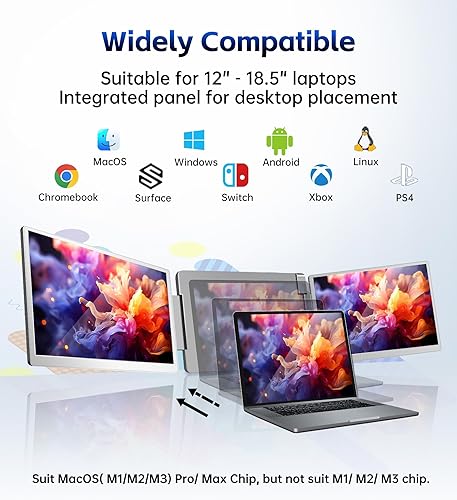 Miniatura 3 de FOPO Extensor de pantalla triple para portátil de 15.6, pantalla izquierda, rotación de 360, monitor triple Plug and Play para portátiles de 13-17