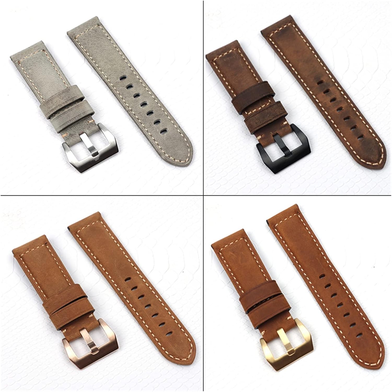 MJMT06 24mm Brown Grey Red Crazy Horse Leather Watchband Compatible with Panerai Watch Strap Compatible with PAM441 Bracelet Pin Buckle Watch Band Tools Free