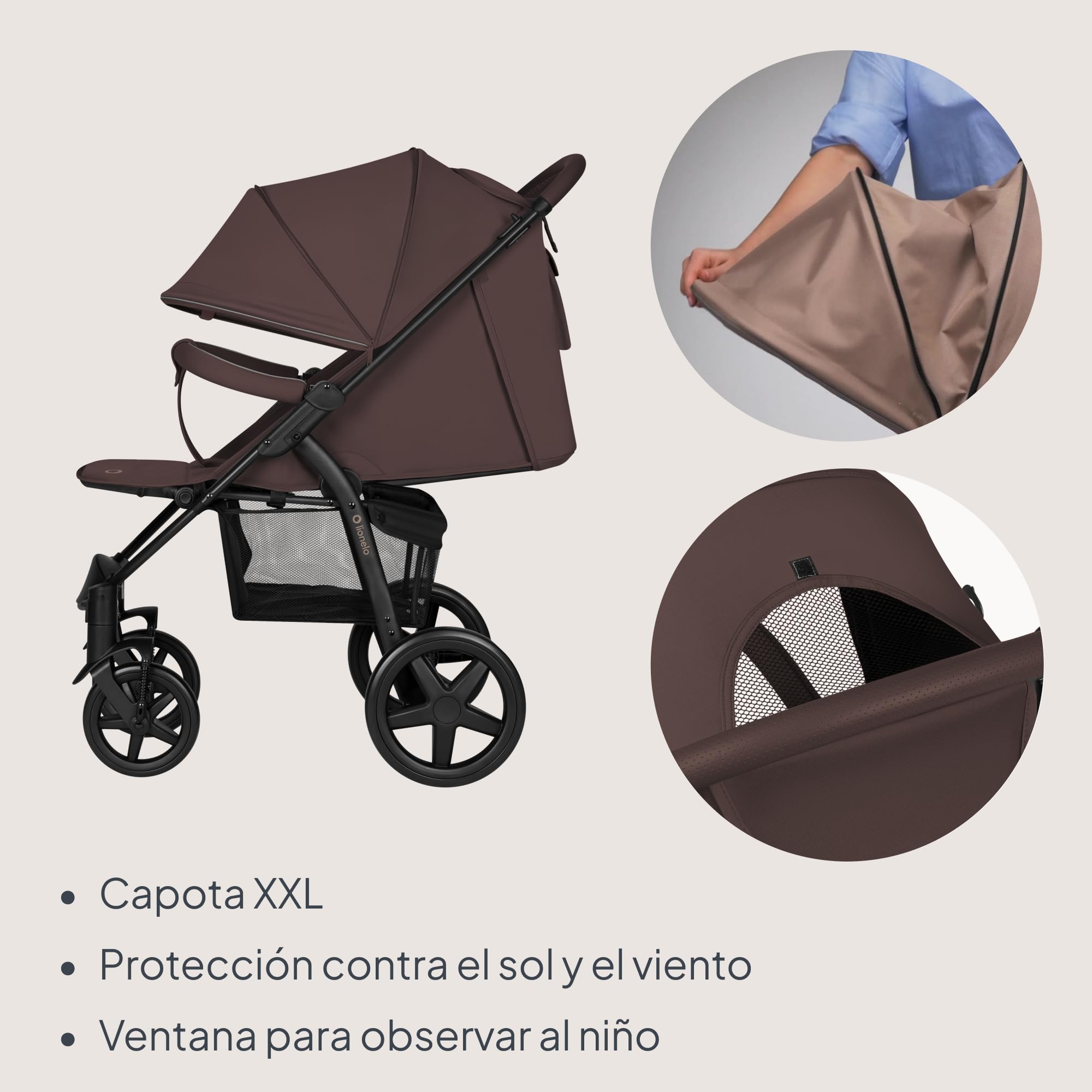 LIONELO Annet Silla de Pase Para niños hasta 22 kg 0-48M ajuste del respaldo hasta posición horizontal Capucha XXL Plegable fácil con ventana Mosquitera (Chocolate Negro)