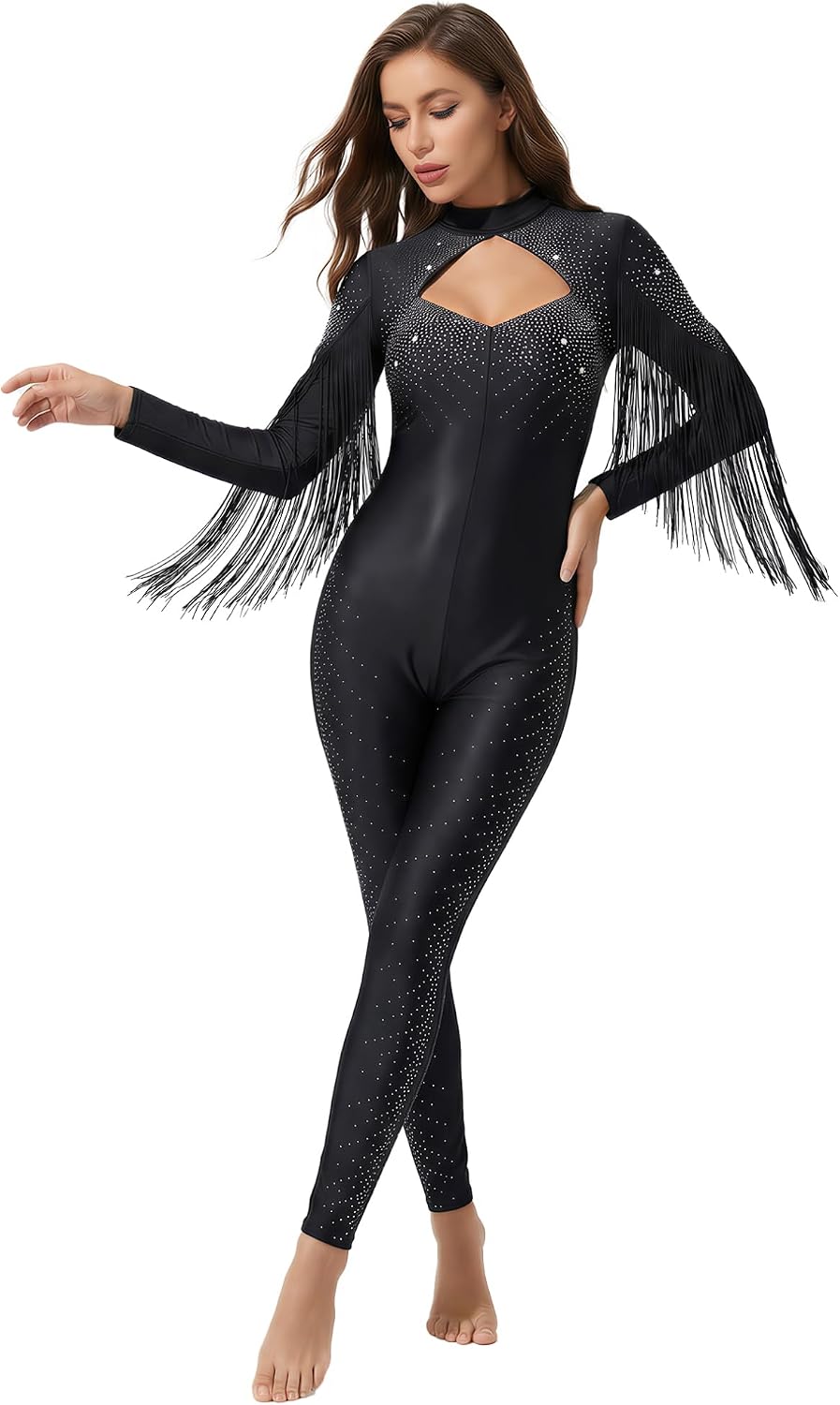 FEESHOW Women's Rhinestone Fringe Gymnastics Leotard Full Body Figure Skating Jumpsuit Ballet Dance Unitards