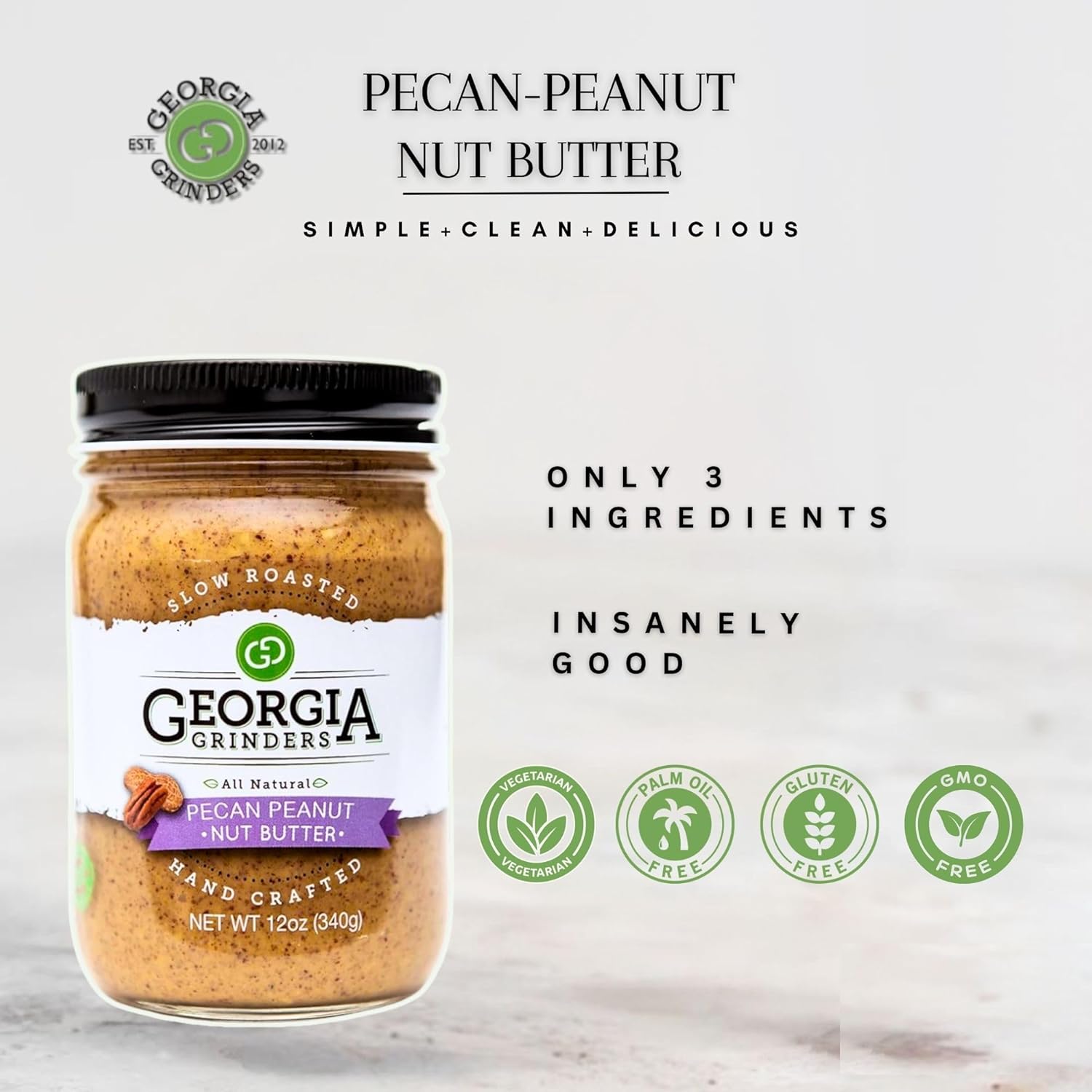 Georgia Grinders Pecan Peanut Nut Butter Spread, Non-GMO, Gluten Free, No Palm Oil, No Added Sugar, Vegan Friendly, 12 Ounce (1 Pack)