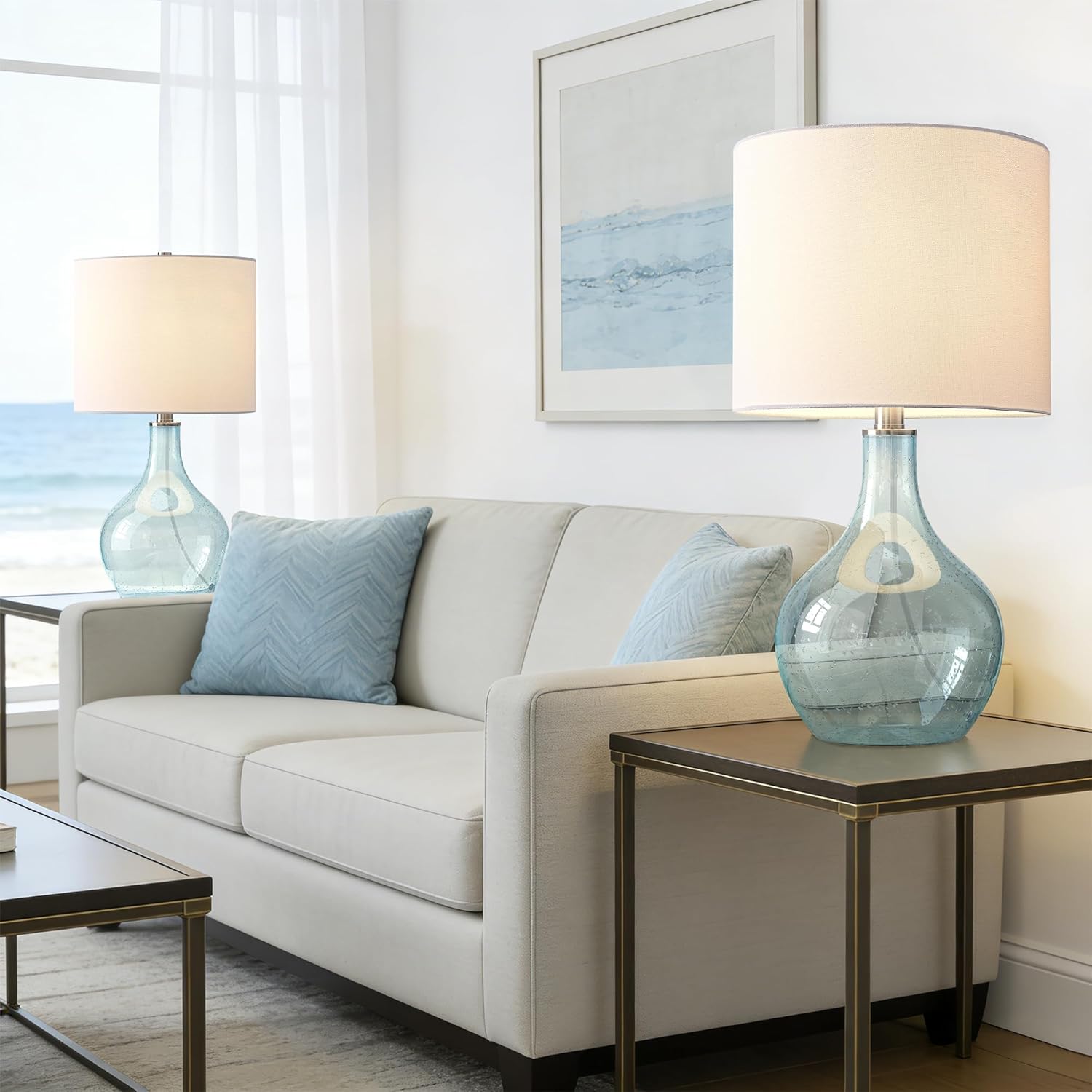 Maxax Blue Glass Table Lamp, Coastal Bedside Lamp with for Living Room, 22" Modern Bubble Glass Bedroom Lamp for Nightstand, House, Office