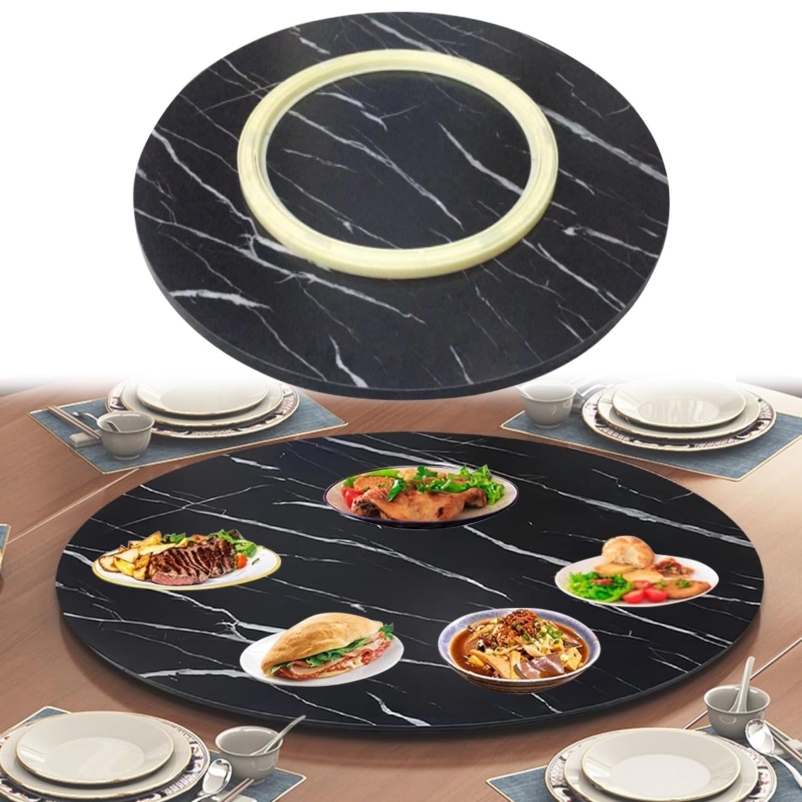 Obrotowa taca do serwowania Lazy Susan – okrągły drewniany talerz 50 cm 60 cm 70 cm 80 cm 90 cm - 360° obrotowy stół centralny z cichymi kółkami (czarny Ø50 cm)