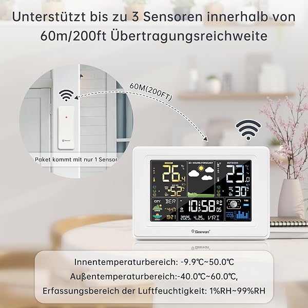 Geevon Wetterstation mit DCF Funkaußensensor, Farb VA Display, Wettervorhersage und Komfortanzeige, Sonnenaufgang/Sonnenuntergang, Schimmelanzeige, Temperaturwarnungen, Mondphase(250397 mit batterien) - 3