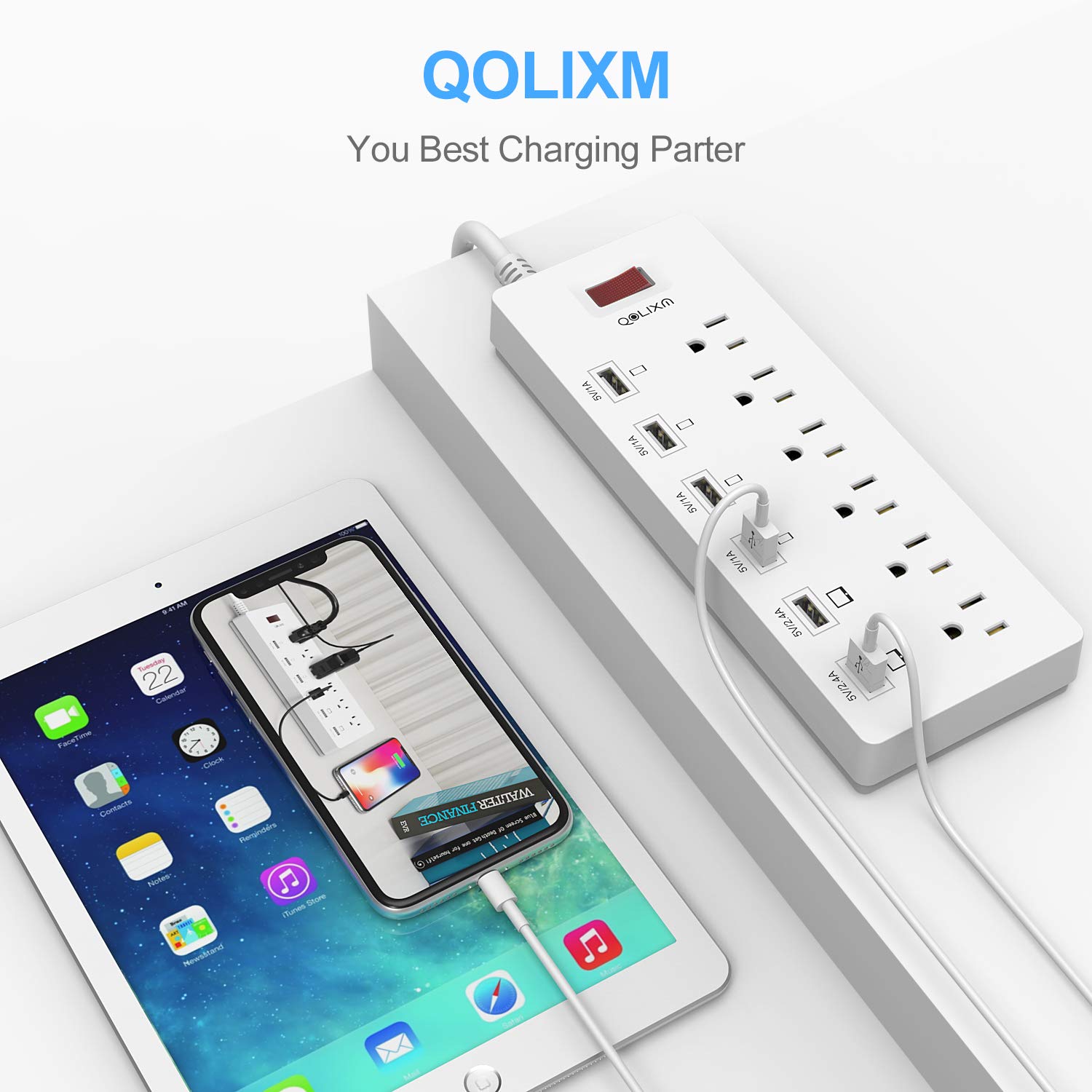 Power Strip Surge Protector z portami USB Płaska wtyczka z ochroną przed przeciążeniem (White)