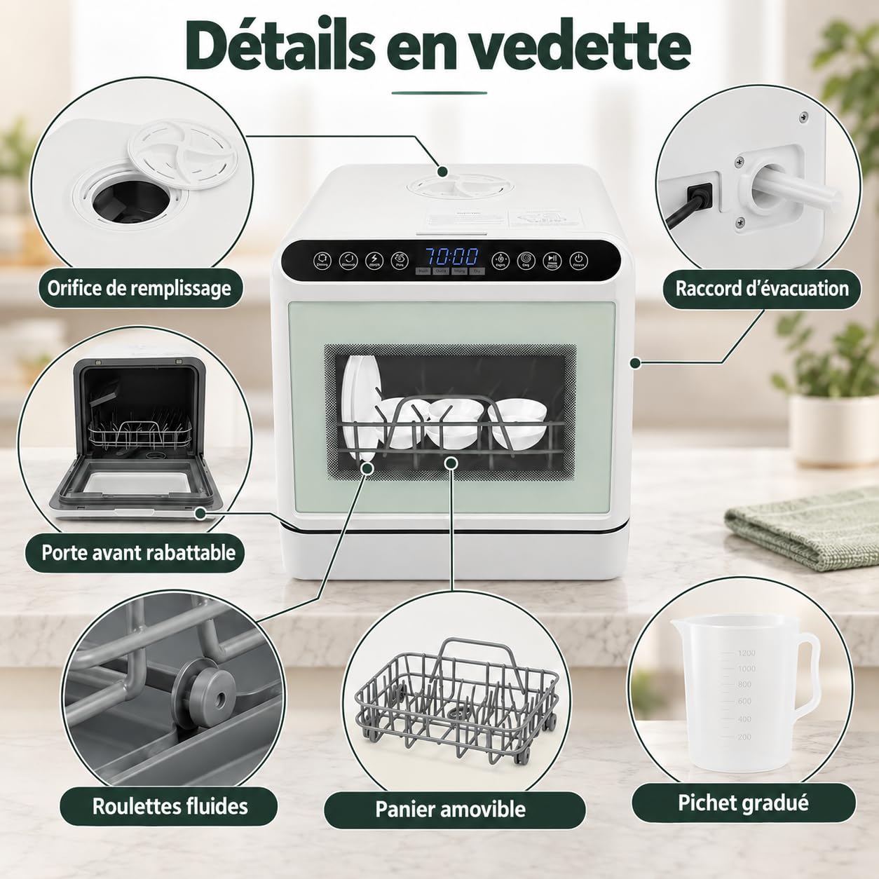 Lavavajillas de mesa de 1100 W, 6 L, mini lavavajillas, camping, 4