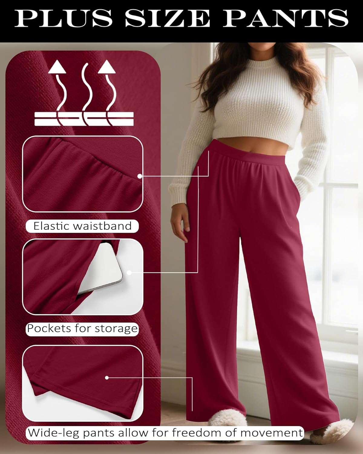 Huukeay 3 Pack Women's Plus Size Pants, High Waisted Wide Leg Pants Casual Pajamas Pants Loose Yoga Sweatpants with Pockets - Image 5