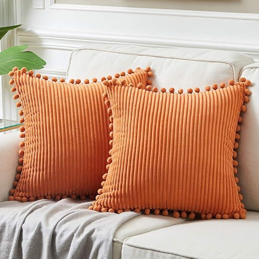 FANCY HOMI PACK OF 2 CORDUROY FALL DECORATIVE THROW PILLOW COVERS WITH POM-POMS