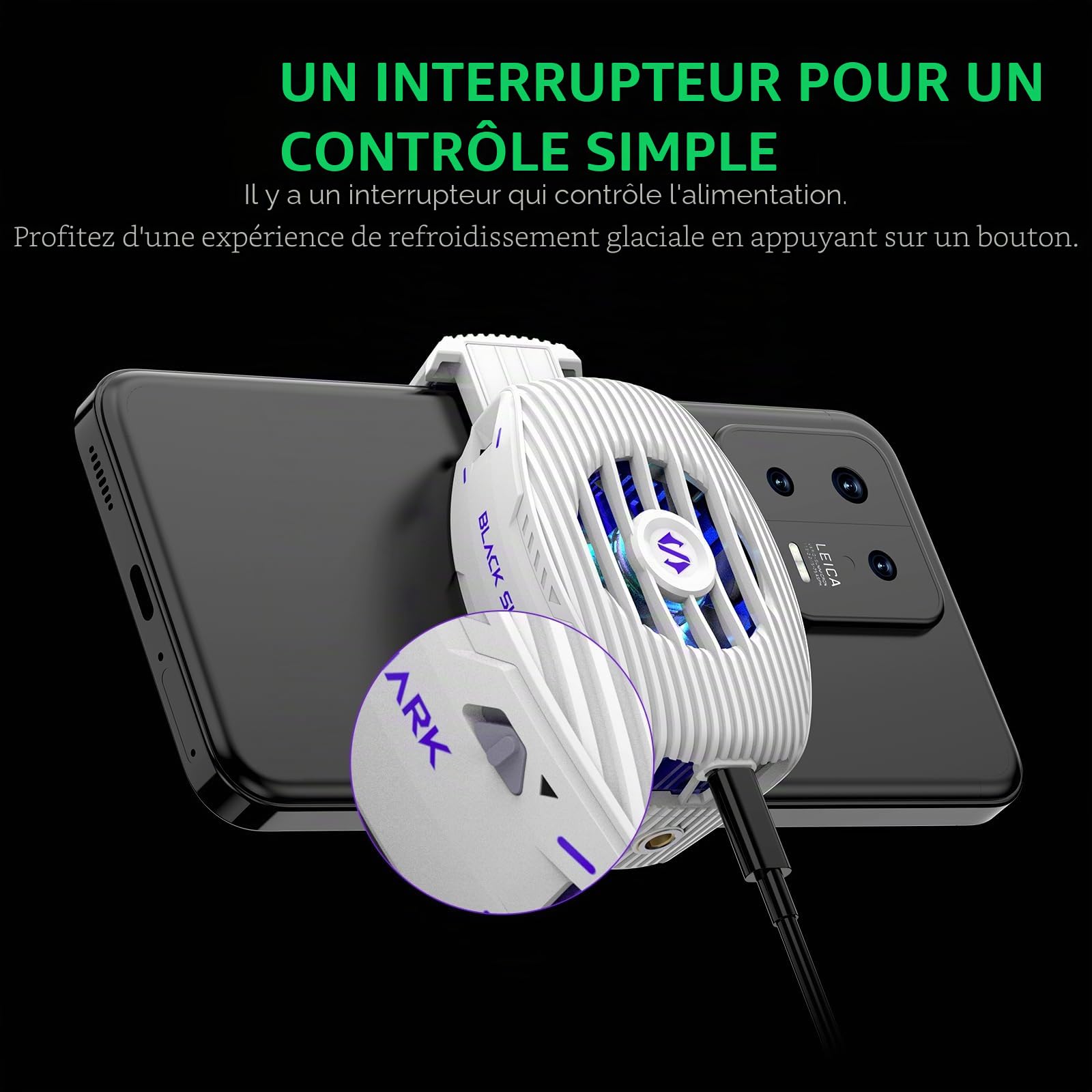 Black Shark Cooler 5 Neo Ventilateur de refroidissement pour smartphone filaire léger et silencieux avec éclairage RVB (blanc)