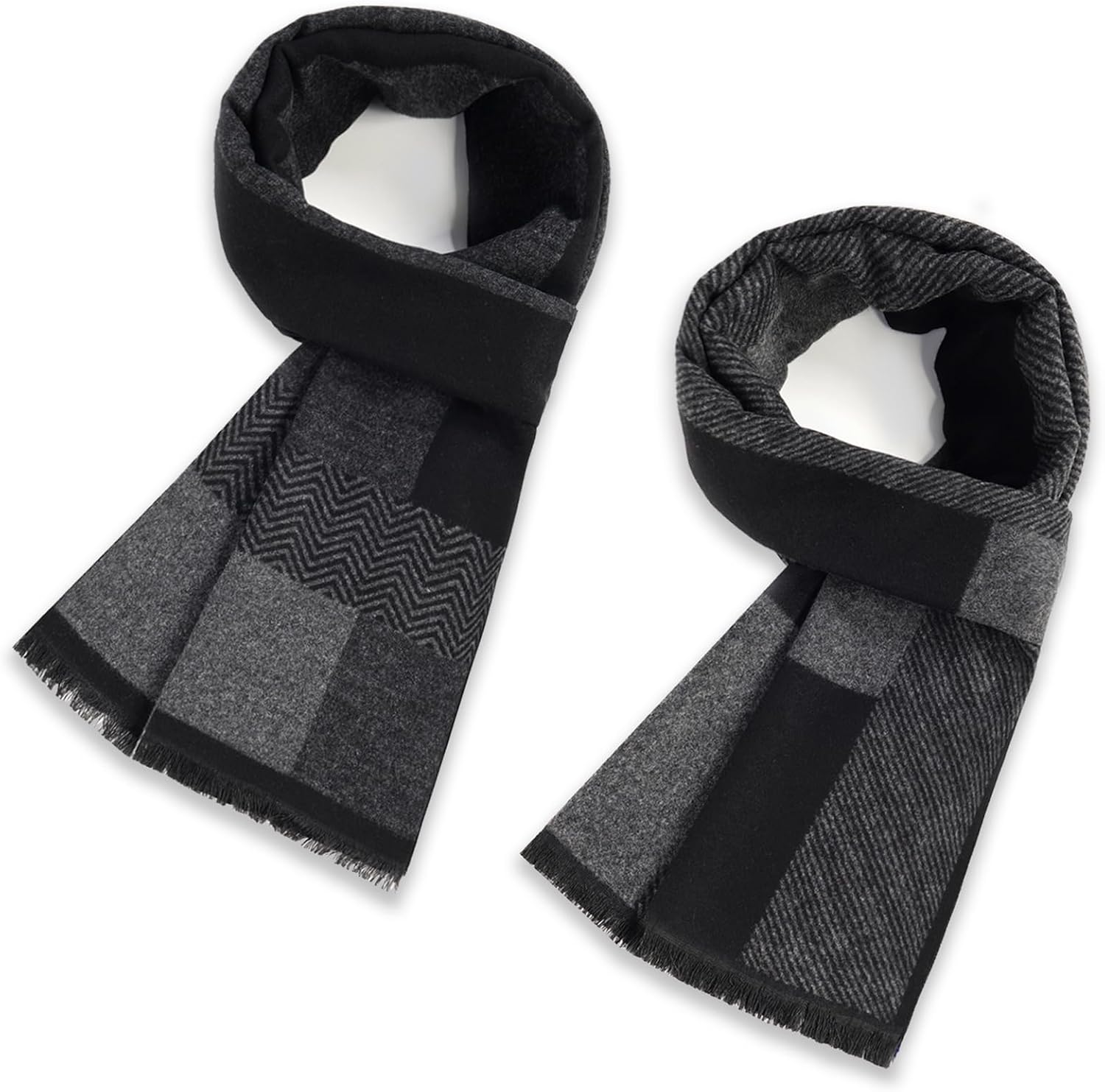 SUNOVELTIES Mens Winter Warm Scarf, 2 Pack Cashmere Feel Tassel Soft Scarves Black Grey Long Grid Plaid Pattern