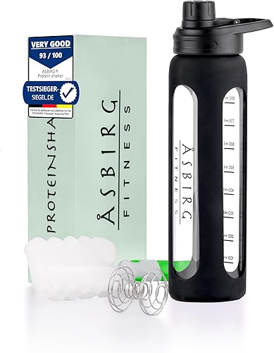 2.0  Botella mezcladora de proteínas de vidrio de 35 onzas, sin BPA, tapa a prueba de fugas, bola mezcladora de acero inoxidable y funda de