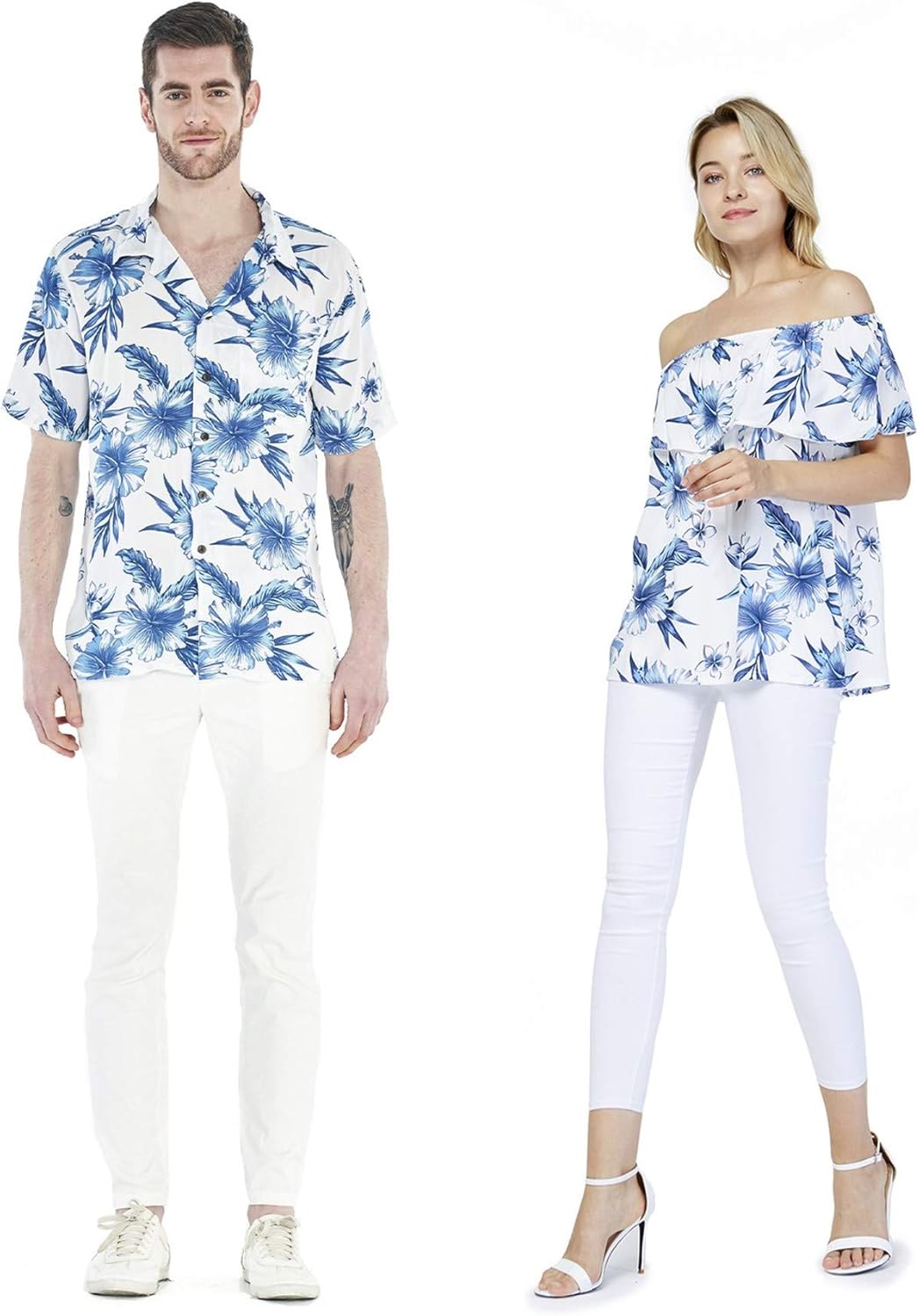 Couple Matching Hawaiian Luau Shirt Off-Shoulder Top in Day Dream Bloom